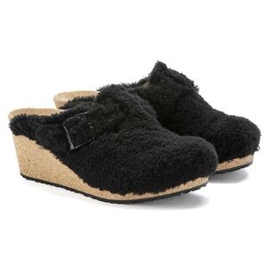 NWT Birkenstock Papillio Fanny Teddy Shearling Wedge Mule Clog Black 8 / 39